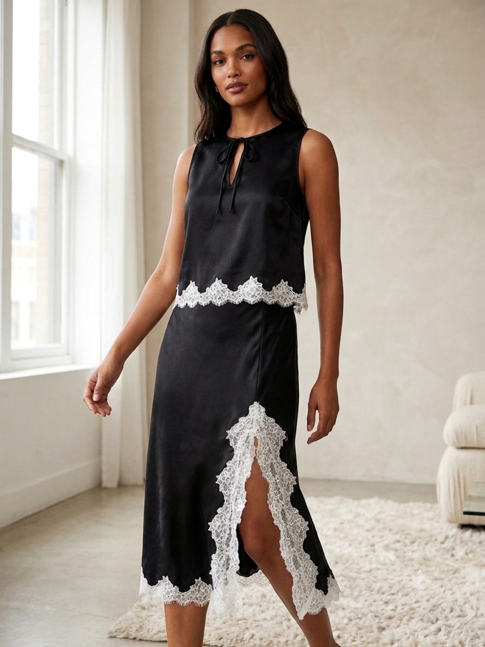 J.Crew Satin Lace Midi Skirt Black Slip High Slit Elegant Chic M Must Have